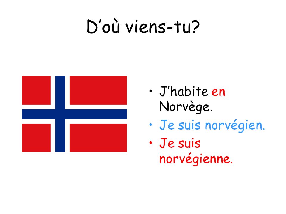 D’où viens-tu J’habite en Norvège. Je suis norvégien.