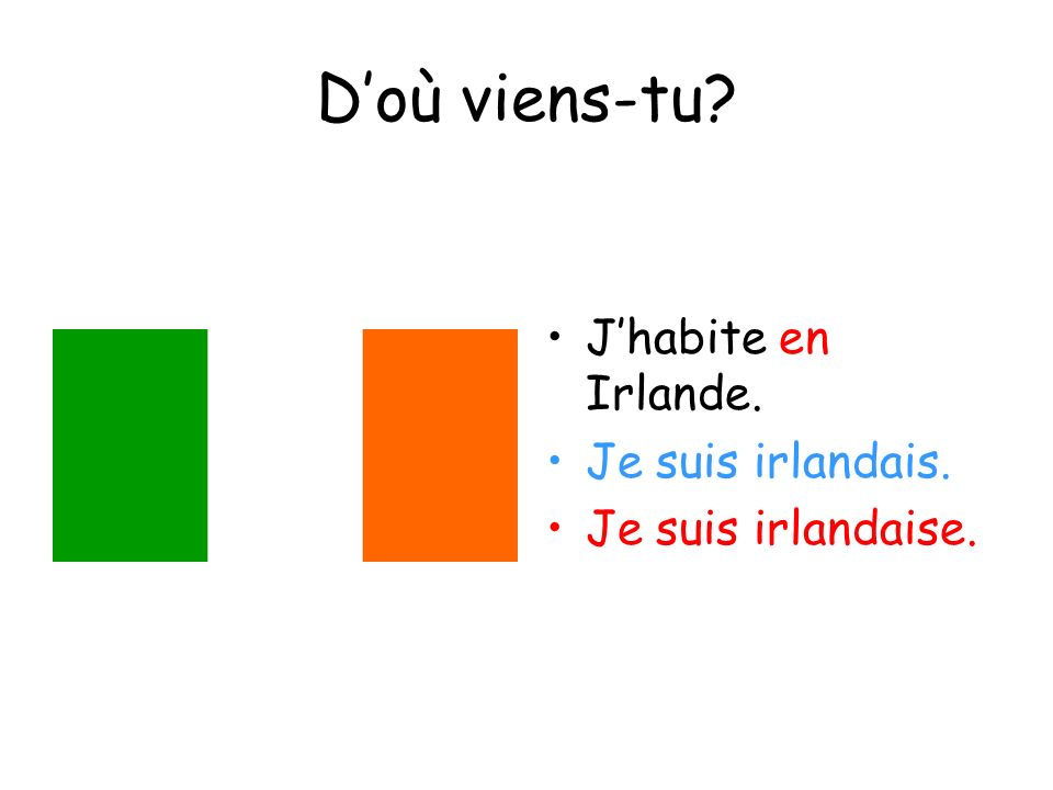 D’où viens-tu J’habite en Irlande. Je suis irlandais.