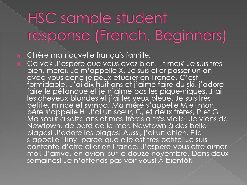 HSC sample student response (French, Beginners)