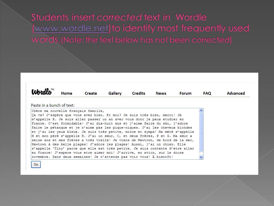Students insert corrected text in Wordle (www. wordle