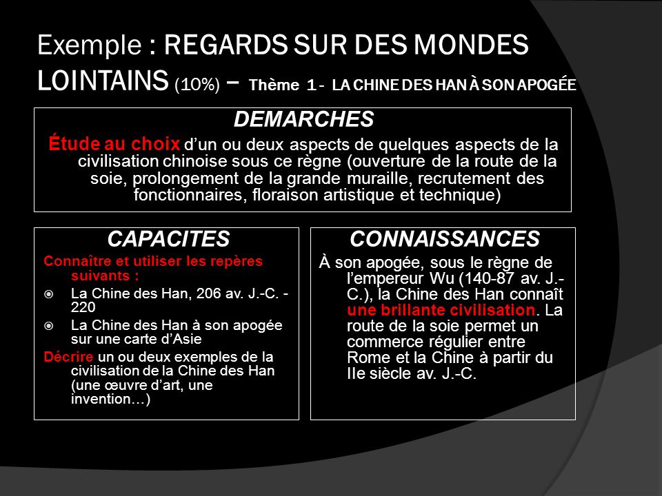 Exemple : REGARDS SUR DES MONDES LOINTAINS (10%) – Thème 1 - LA CHINE DES HAN À SON APOGÉE