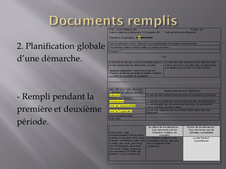 Documents remplis 2. Planification globale d’une démarche.