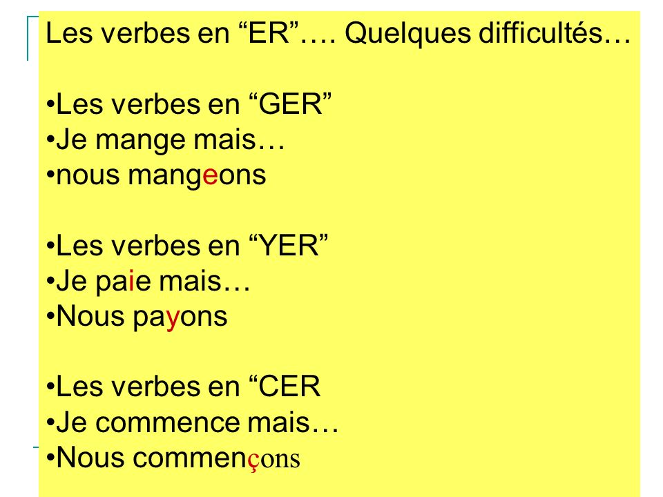 Les verbes en ER …. Quelques difficultés…