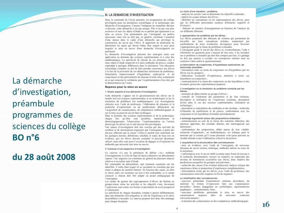 La démarche d’investigation, préambule programmes de sciences du collège BO n°6 du 28 août 2008