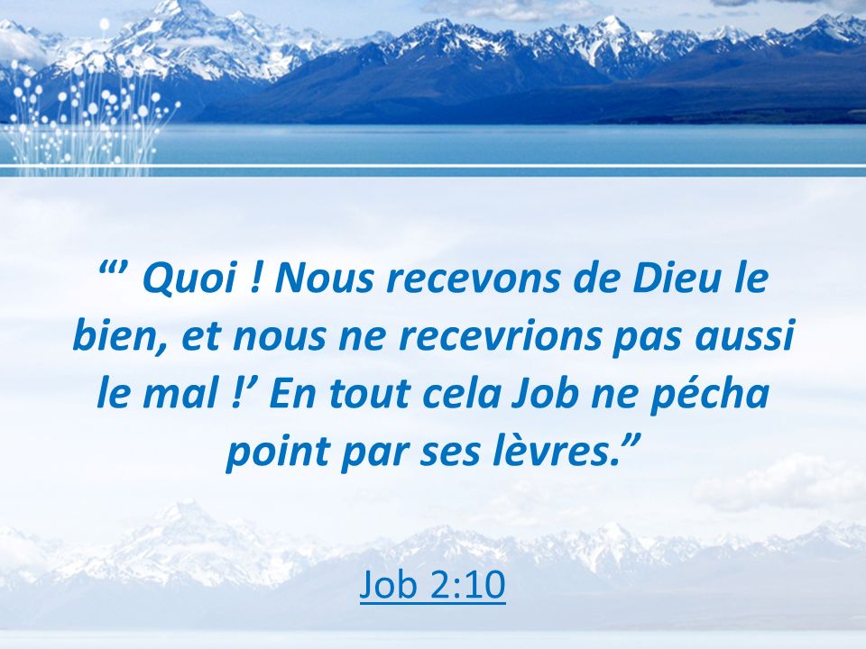 ’ Quoi ! Nous recevons de Dieu le bien, et nous ne recevrions pas aussi le mal !’ En tout cela Job ne pécha point par ses lèvres.