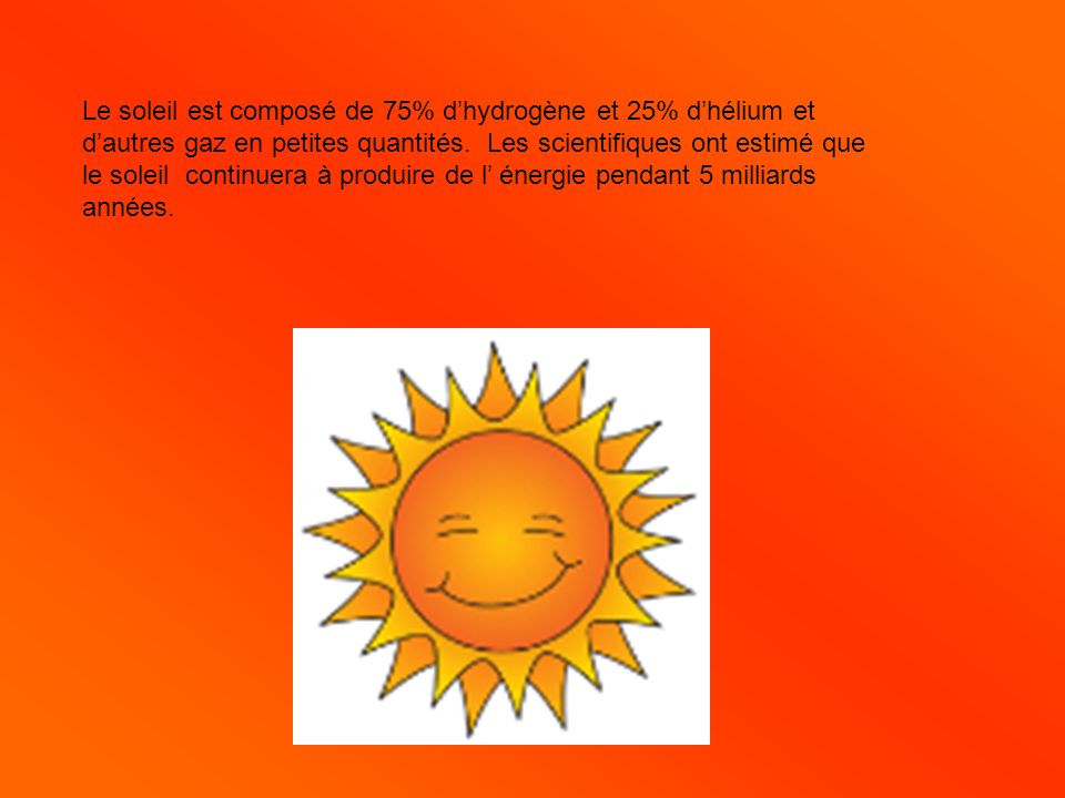 Le soleil est composé de 75% d’hydrogène et 25% d’hélium et d’autres gaz en petites quantités.