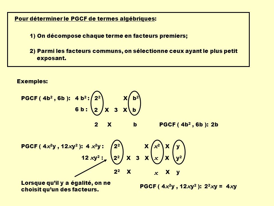 x Pour déterminer le PGCF de termes algébriques: