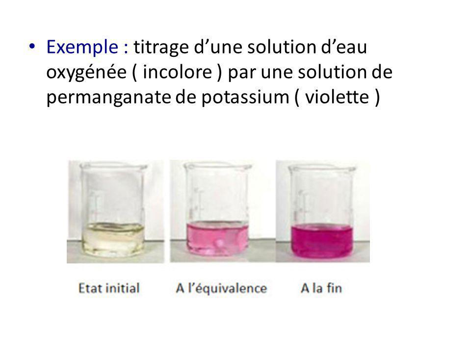 Exemple : titrage d’une solution d’eau oxygénée ( incolore ) par une solution de permanganate de potassium ( violette )