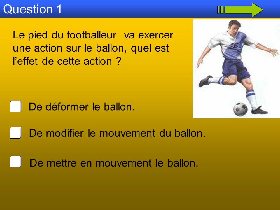 Question 1 Le pied du footballeur va exercer une action sur le ballon, quel est l’effet de cette action