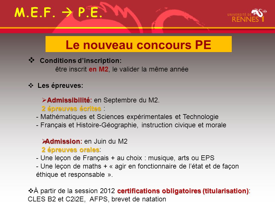 M.E.F.  P.E. Le nouveau concours PE Conditions d’inscription: