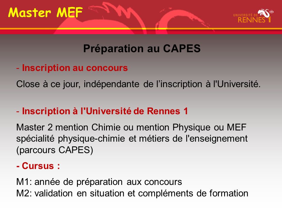 Master MEF Préparation au CAPES Inscription au concours