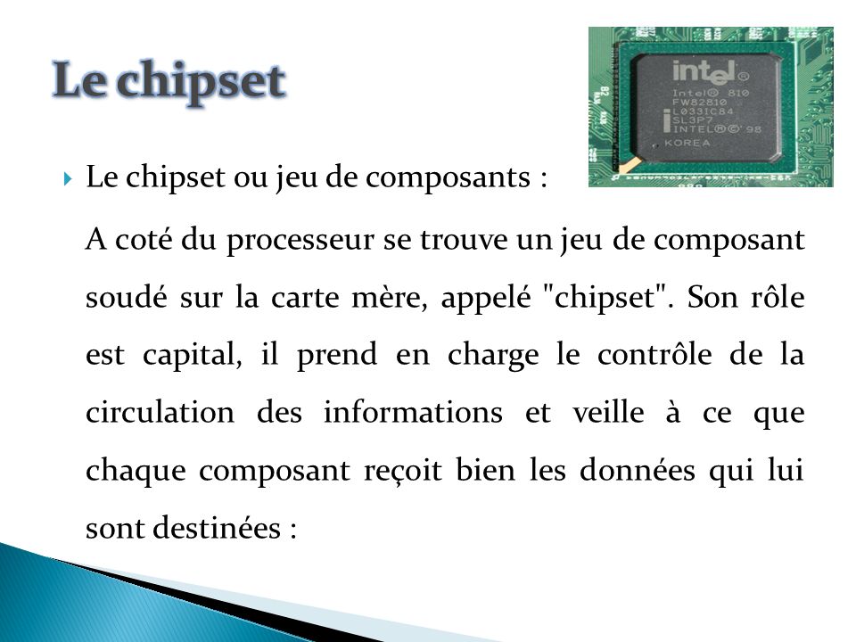 Le chipset Le chipset ou jeu de composants :