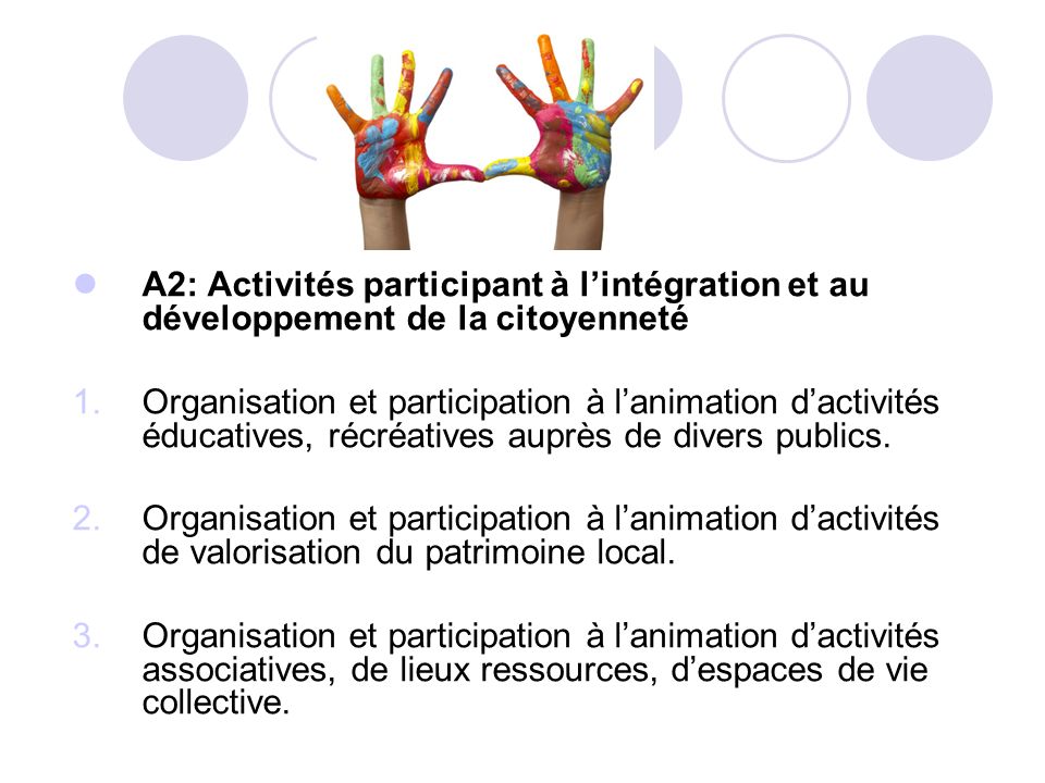 A2: Activités participant à l’intégration et au développement de la citoyenneté