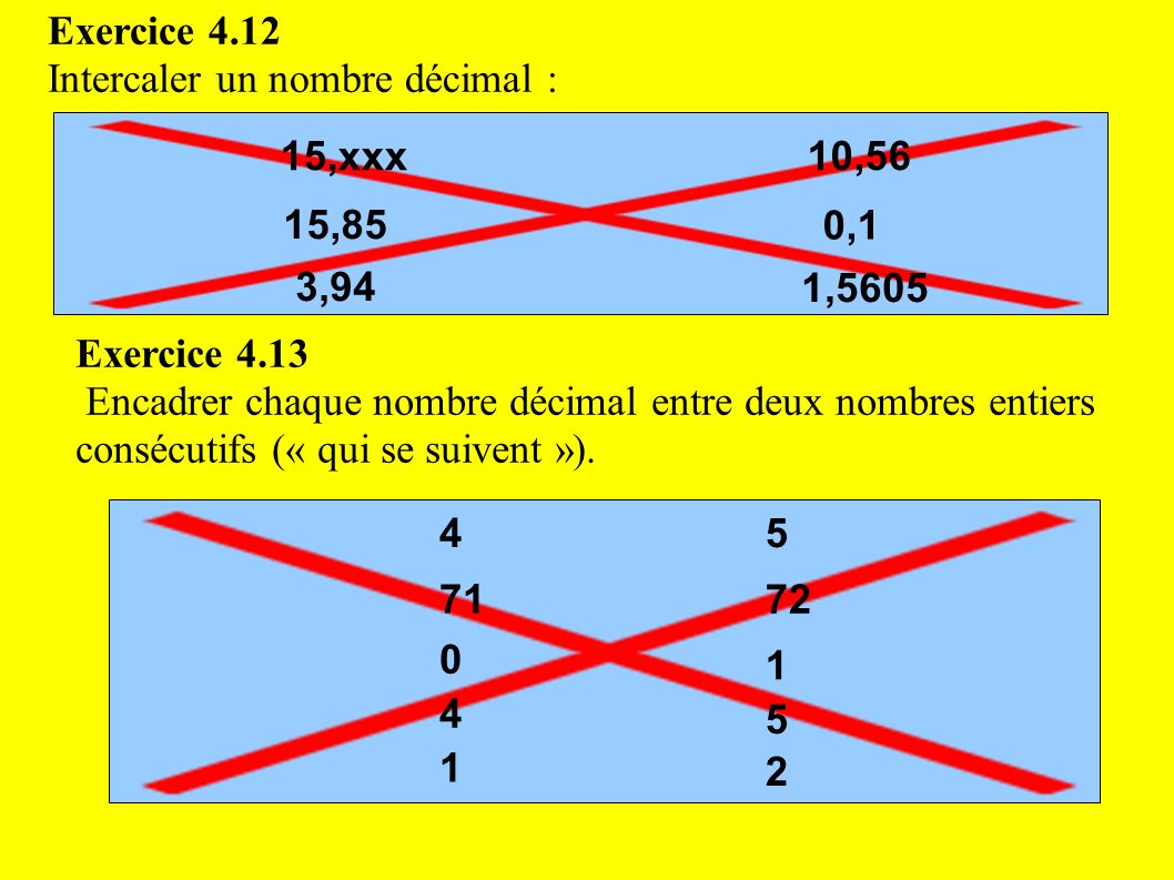 Exercice 4.12 Intercaler un nombre décimal : 15,xxx. 10,56. 15,85. 0,1. 3,94. 1,5605. Exercice