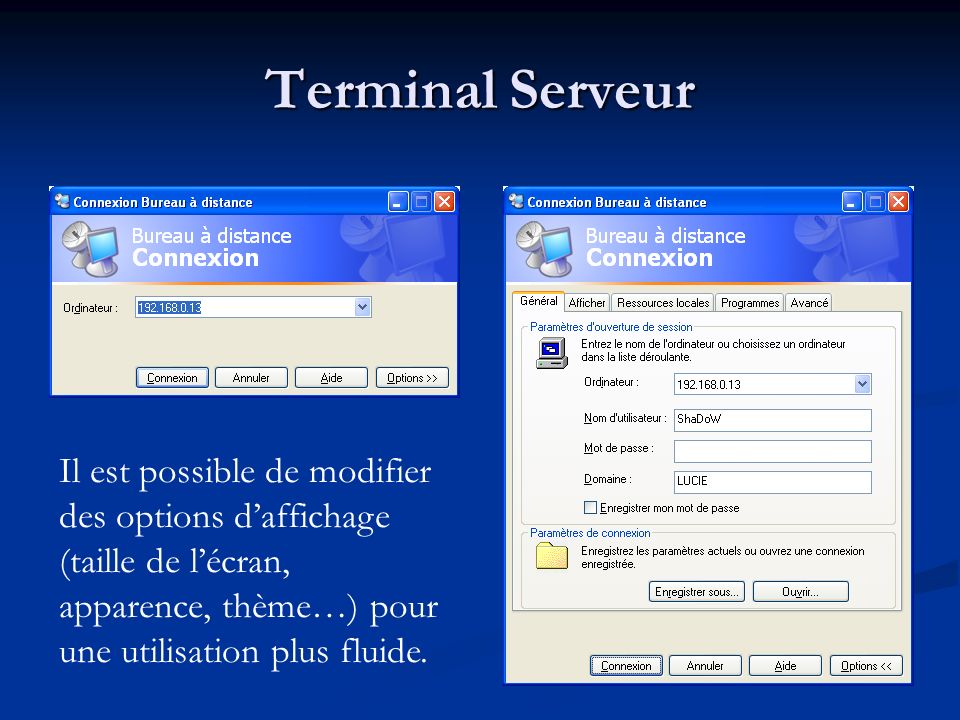 Terminal Serveur Il est possible de modifier des options d’affichage (taille de l’écran, apparence, thème…) pour une utilisation plus fluide.