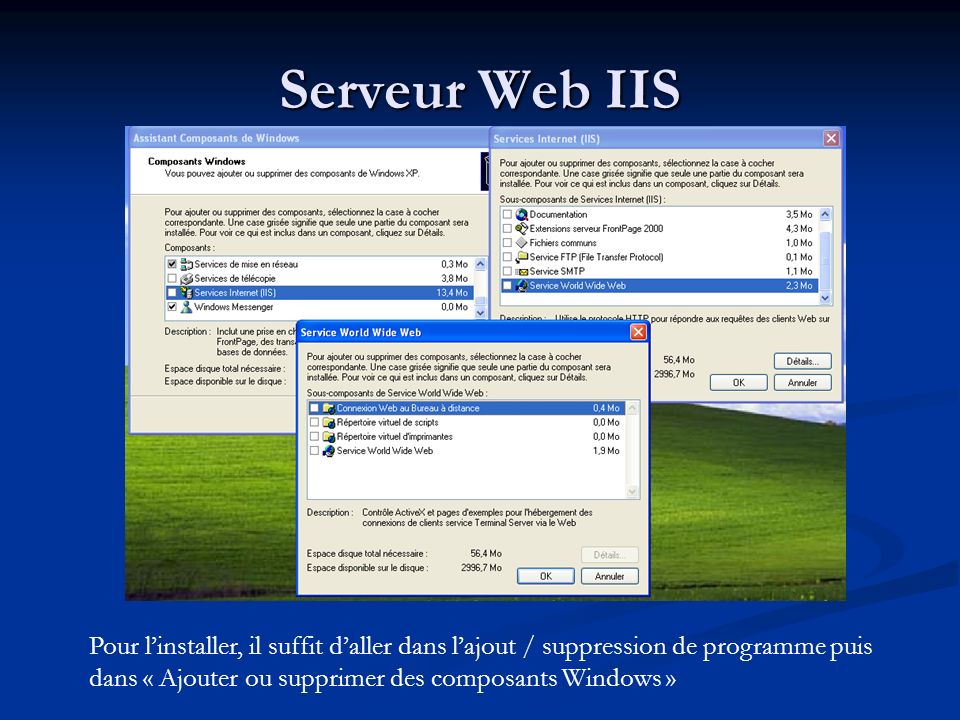 Serveur Web IIS Pour l’installer, il suffit d’aller dans l’ajout / suppression de programme puis dans « Ajouter ou supprimer des composants Windows »