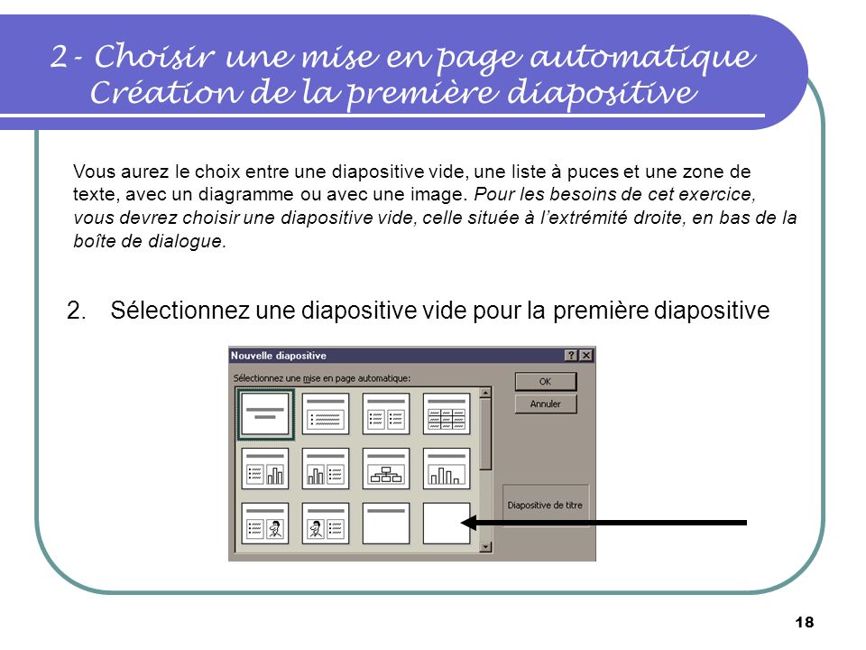 2- Choisir une mise en page automatique Création de la première diapositive
