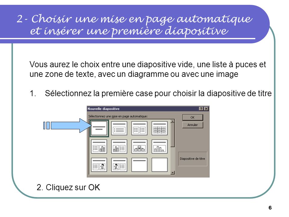 2- Choisir une mise en page automatique et insérer une première diapositive