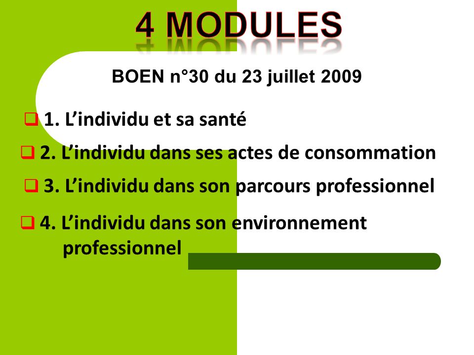 4 modules professionnel BOEN n°30 du 23 juillet 2009