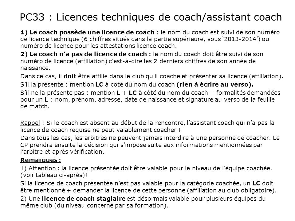 PC33 : Licences techniques de coach/assistant coach