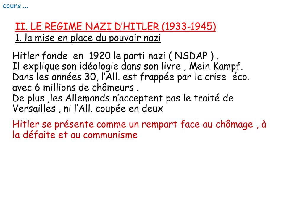 8 cours ... II. LE REGIME NAZI D’HITLER ( ) 1. la mise en place du pouvoir nazi.