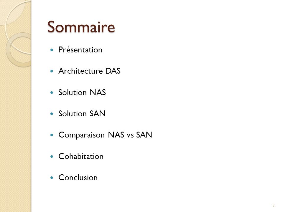 Sommaire Présentation Architecture DAS Solution NAS Solution SAN