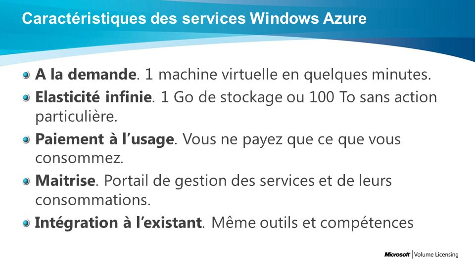 Caractéristiques des services Windows Azure