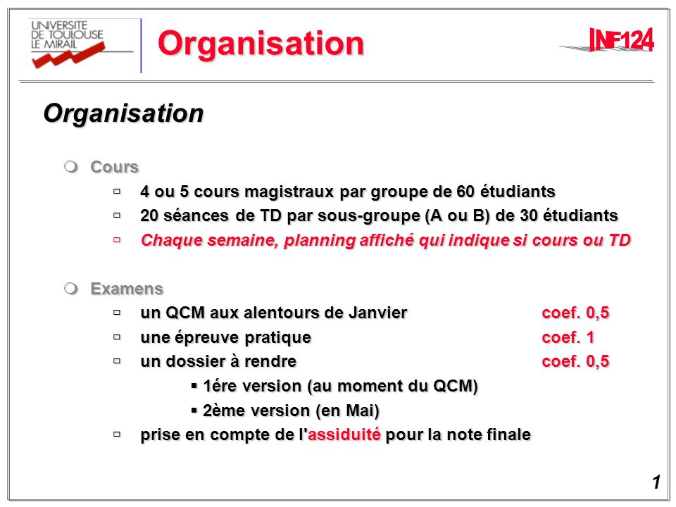 Organisation Organisation Cours