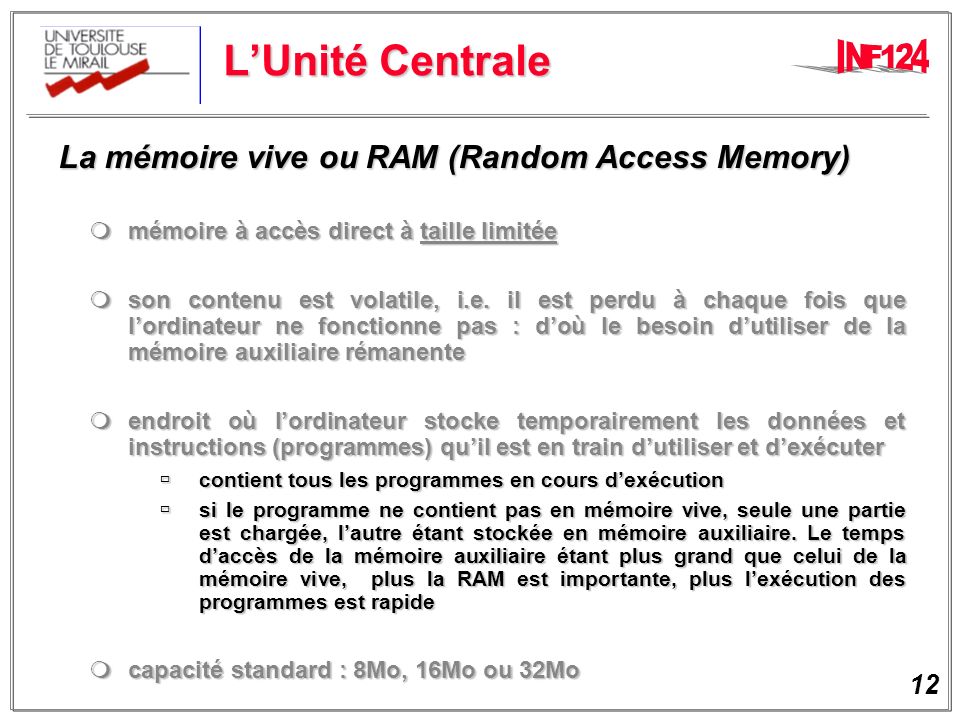 L’Unité Centrale La mémoire vive ou RAM (Random Access Memory)