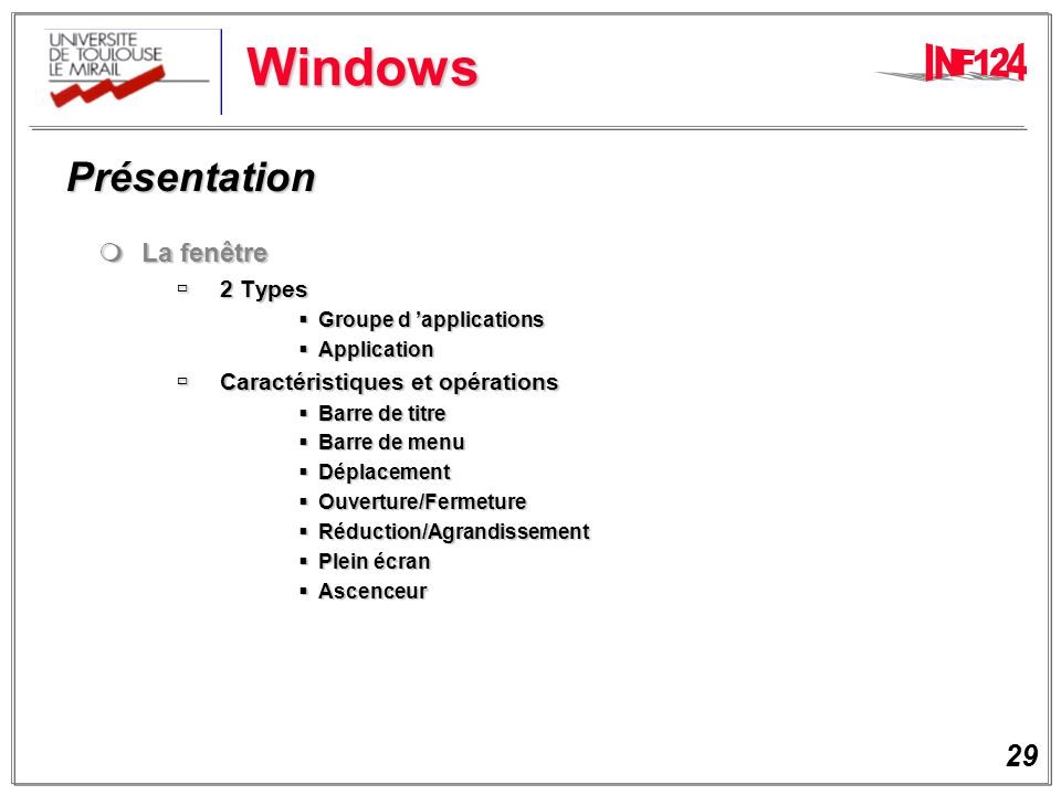Windows Présentation La fenêtre 2 Types Caractéristiques et opérations