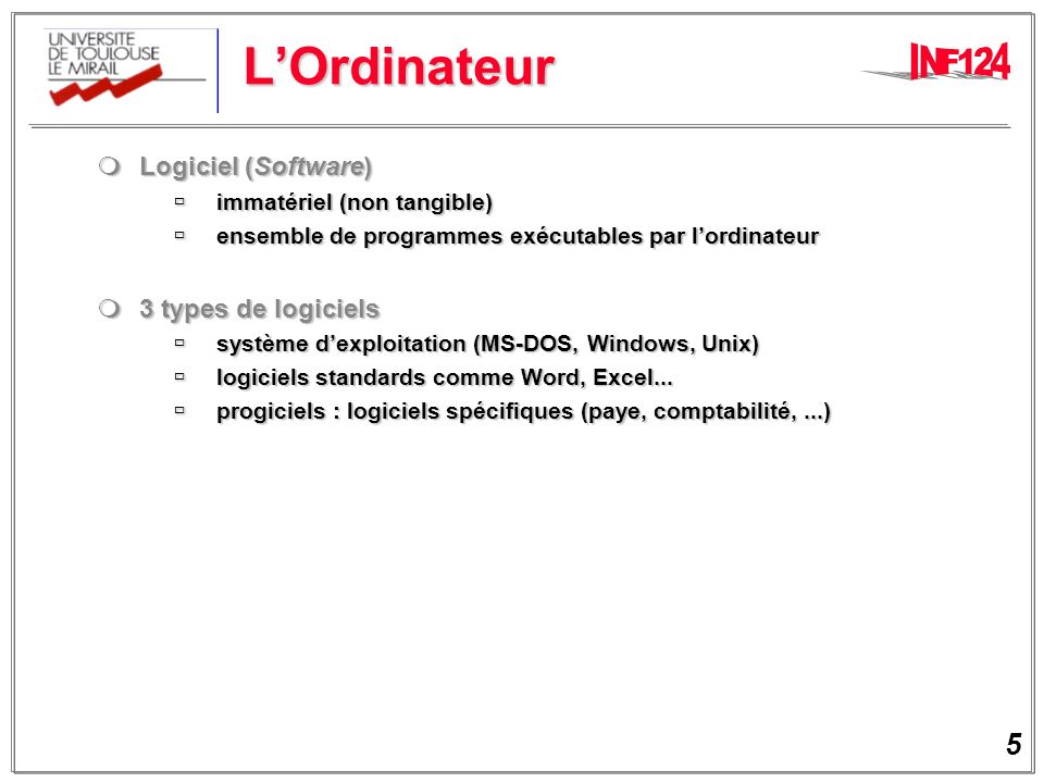L’Ordinateur Logiciel (Software) 3 types de logiciels