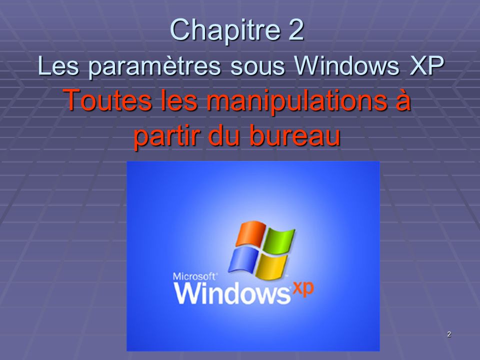 Chapitre 2 Les paramètres sous Windows XP Toutes les manipulations à partir du bureau