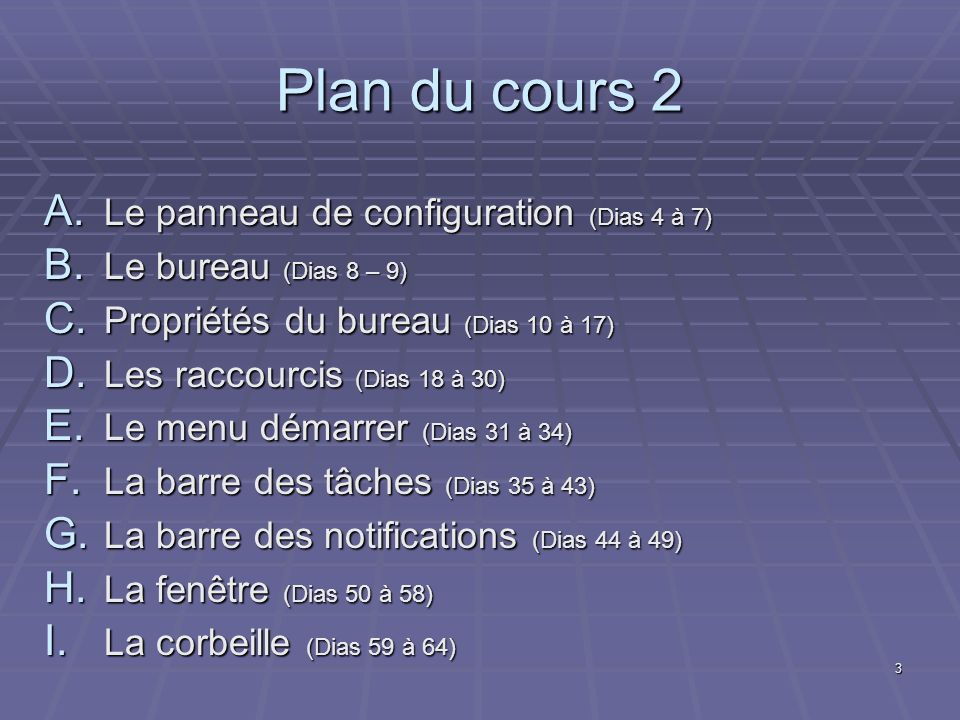 Plan du cours 2 Le panneau de configuration (Dias 4 à 7)