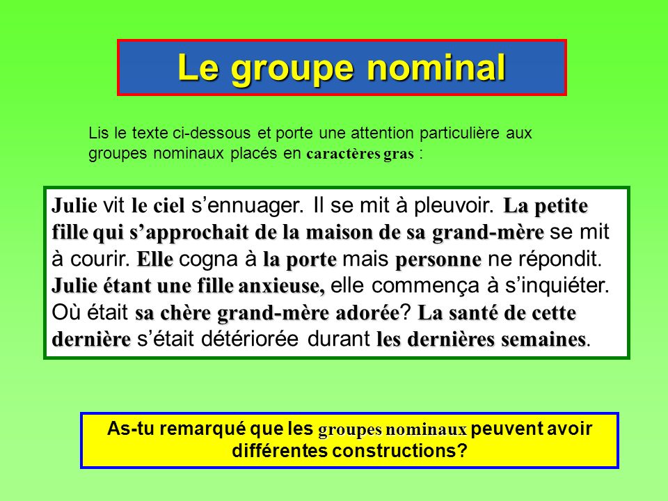 Le groupe nominal Lis le texte ci-dessous et porte une attention particulière aux groupes nominaux placés en caractères gras :