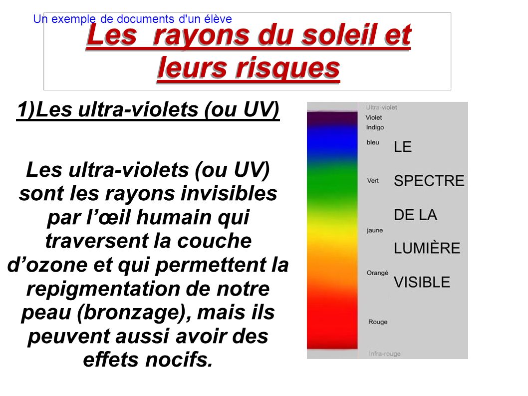 Les rayons du soleil et leurs risques 1)Les ultra-violets (ou UV)