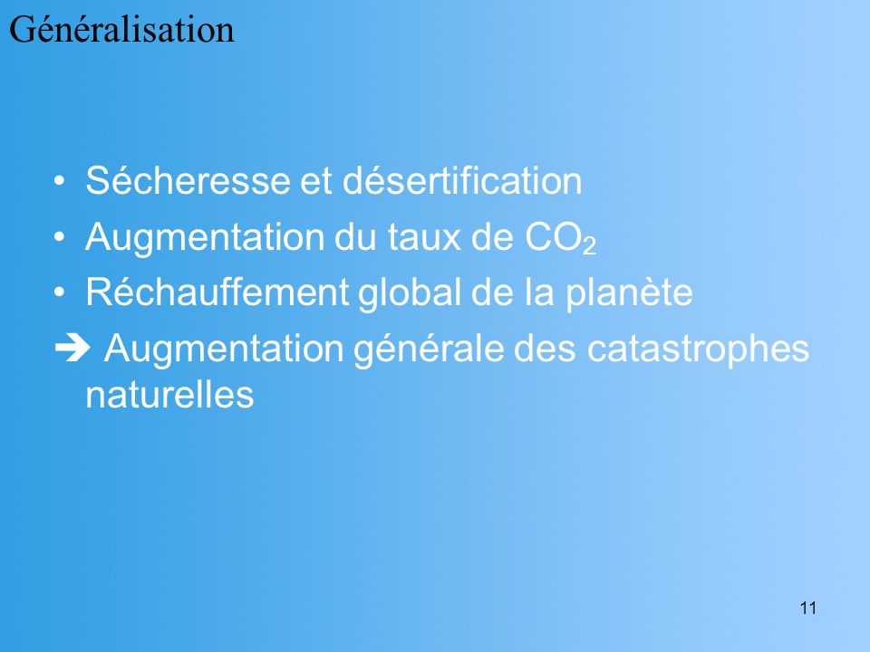 Généralisation Sécheresse et désertification. Augmentation du taux de CO2. Réchauffement global de la planète.