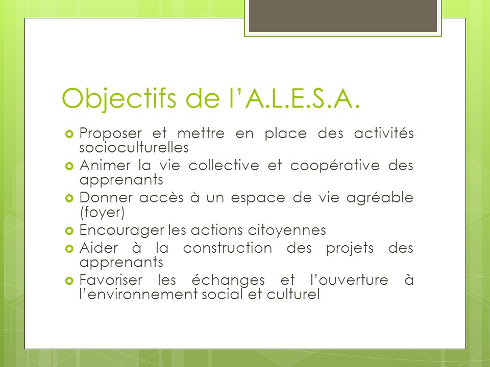 Objectifs de l’A.L.E.S.A. Proposer et mettre en place des activités socioculturelles. Animer la vie collective et coopérative des apprenants.
