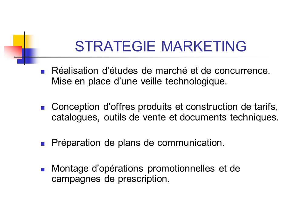 STRATEGIE MARKETING Réalisation d’études de marché et de concurrence. Mise en place d’une veille technologique.