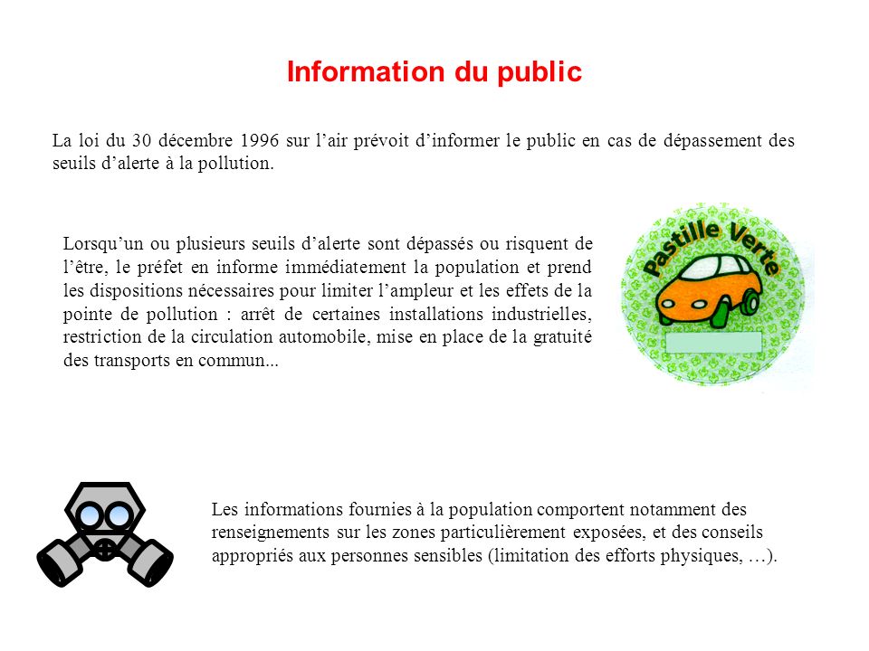 Information du public La loi du 30 décembre 1996 sur l’air prévoit d’informer le public en cas de dépassement des seuils d’alerte à la pollution.