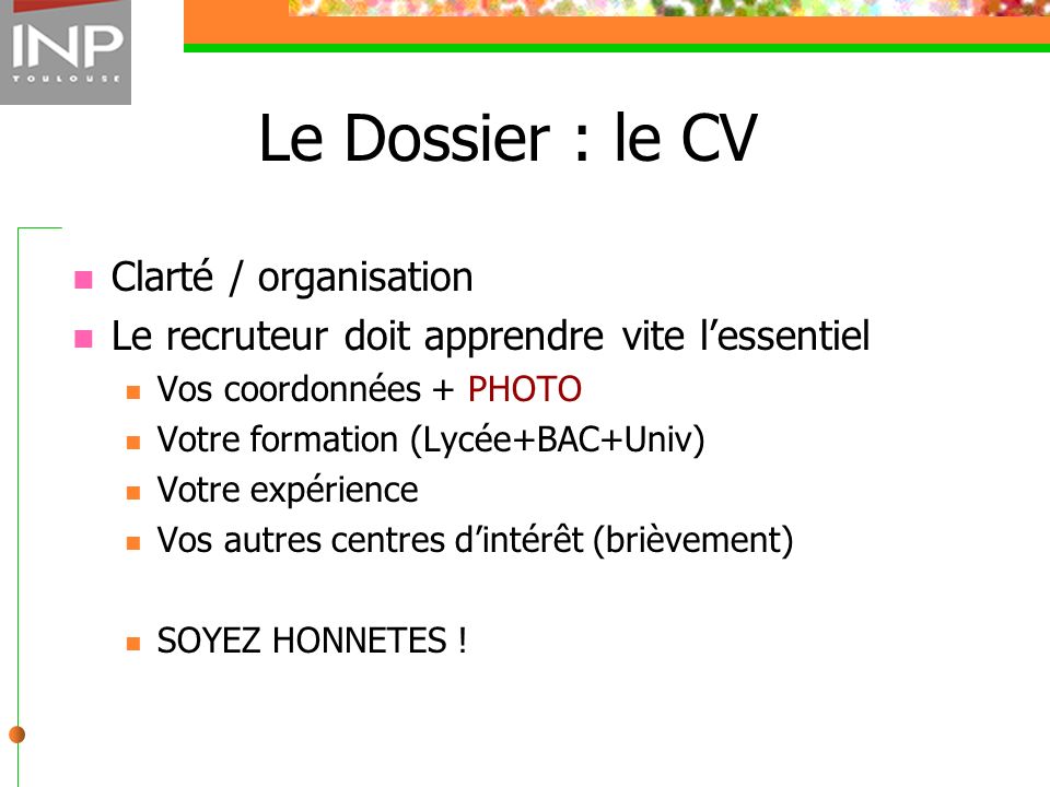 Le Dossier : le CV Clarté / organisation