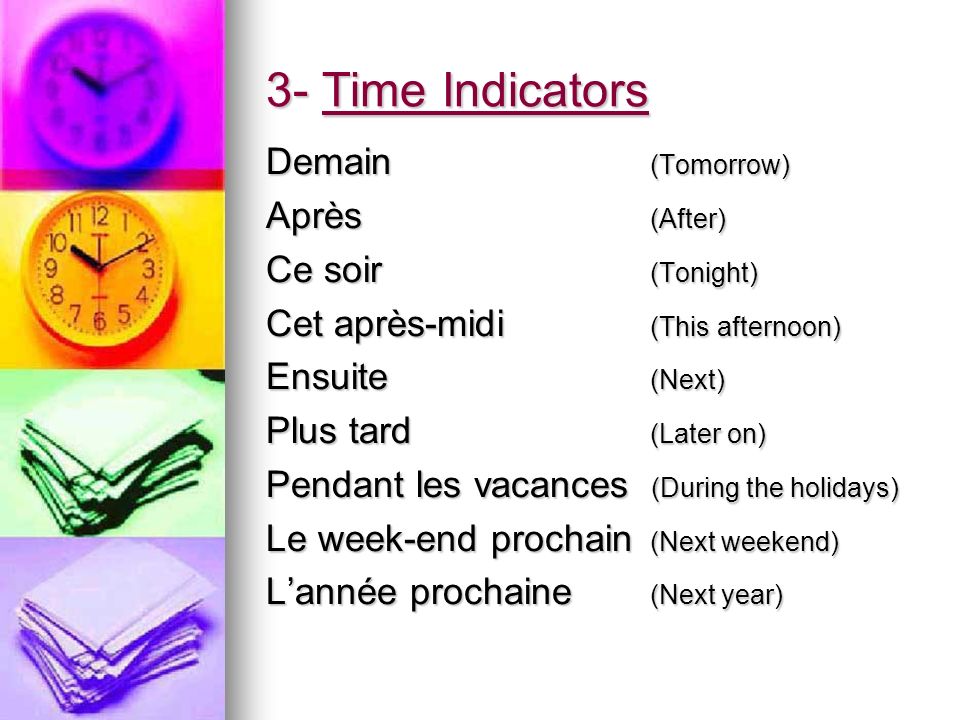 3- Time Indicators Demain (Tomorrow) Après (After) Ce soir (Tonight)