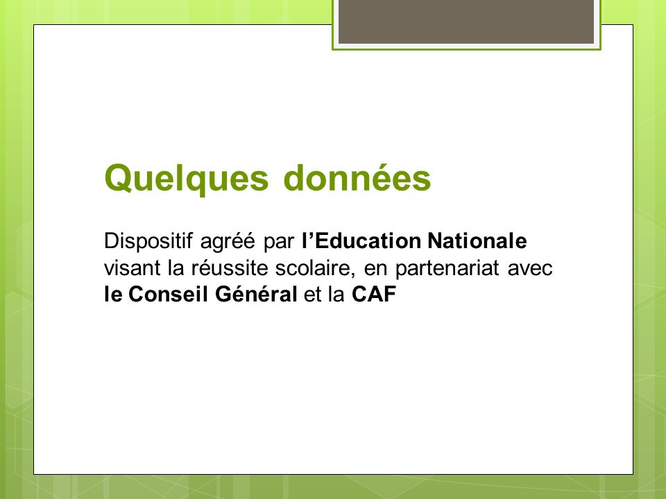 Quelques données Dispositif agréé par l’Education Nationale visant la réussite scolaire, en partenariat avec le Conseil Général et la CAF.