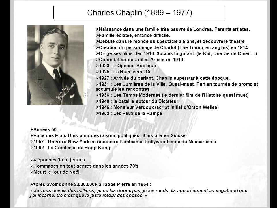 Charles Chaplin (1889 – 1977) Naissance dans une famille très pauvre de Londres. Parents artistes. Famille éclatée, enfance difficile.