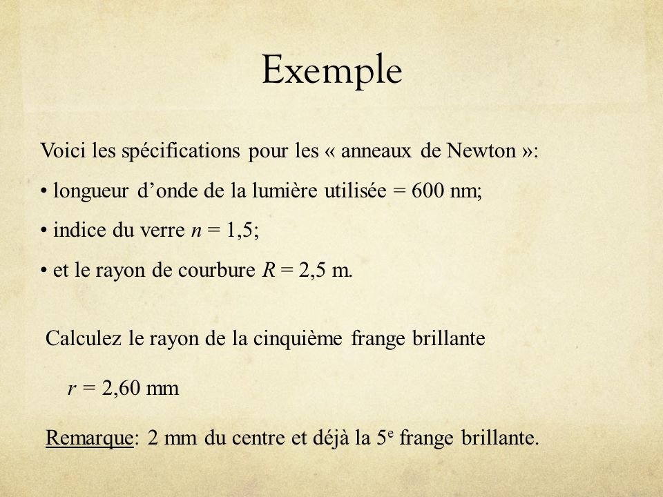 Exemple Voici les spécifications pour les « anneaux de Newton »: