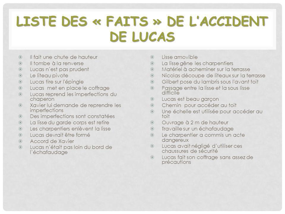 Liste des « faits » de l’accident de Lucas