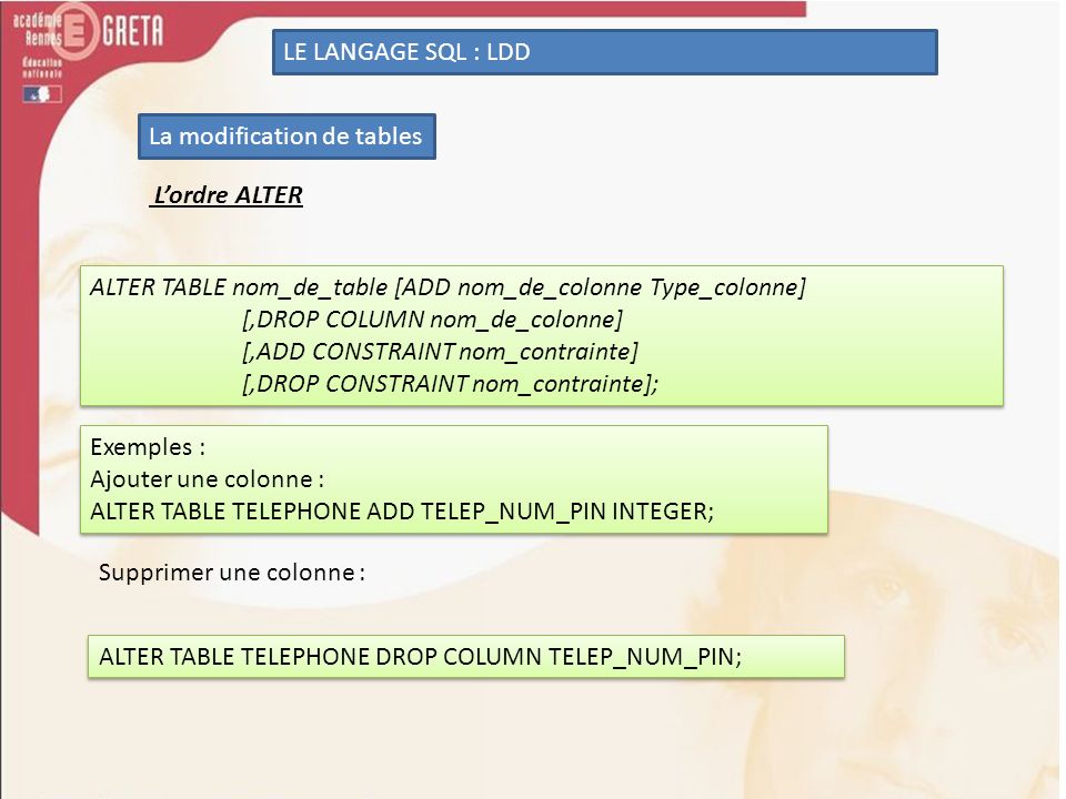 LE LANGAGE SQL : LDD La modification de tables. L’ordre ALTER. ALTER TABLE nom_de_table [ADD nom_de_colonne Type_colonne]