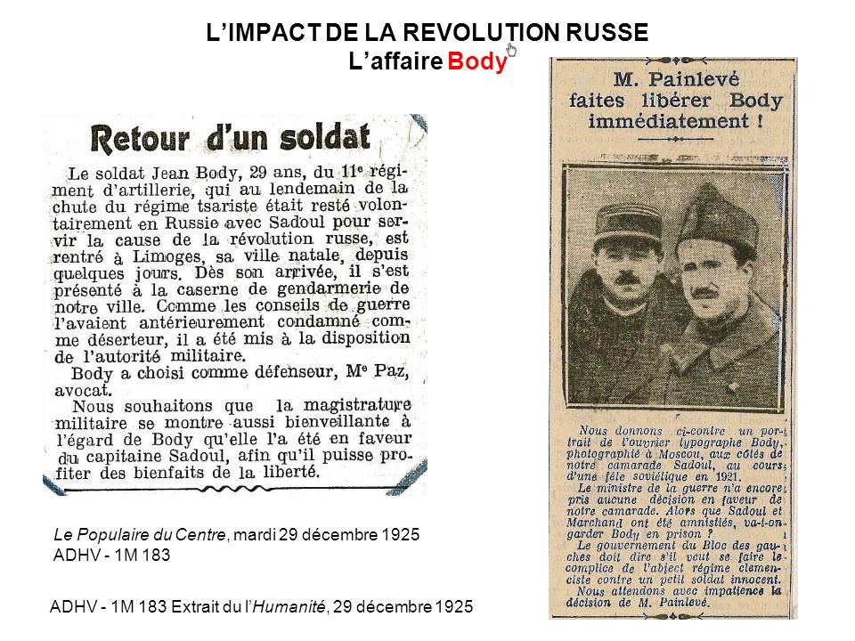 L’IMPACT DE LA REVOLUTION RUSSE L’affaire Body