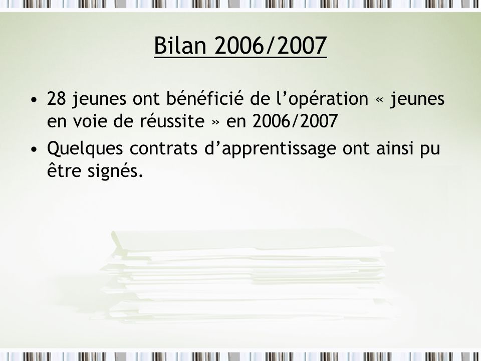 Bilan 2006/ jeunes ont bénéficié de l’opération « jeunes en voie de réussite » en 2006/2007.