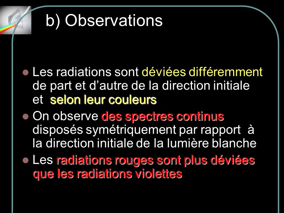 b) Observations Les radiations sont déviées différemment de part et d’autre de la direction initiale et selon leur couleurs.