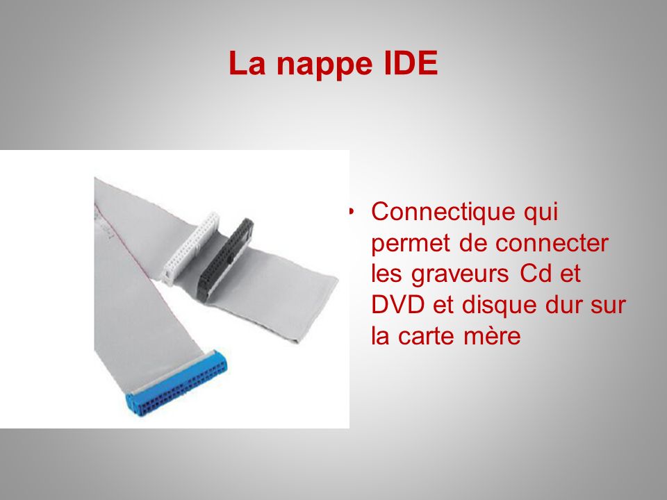 La nappe IDE Connectique qui permet de connecter les graveurs Cd et DVD et disque dur sur la carte mère.